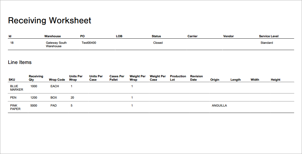 Print a Receiving Worksheet